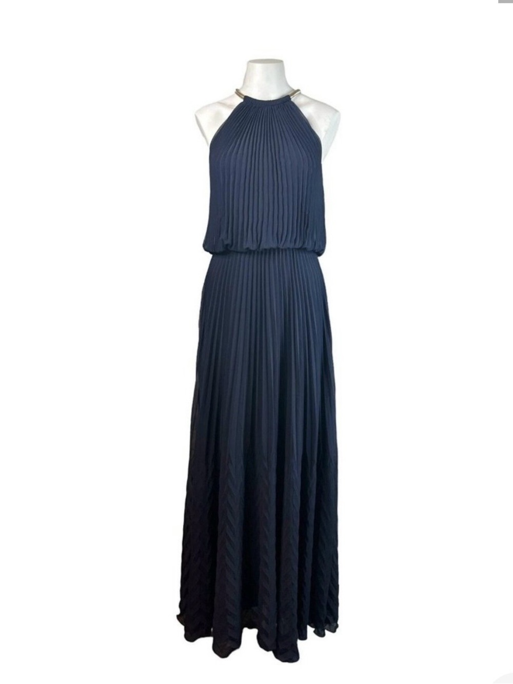 Xscape Navy Pleated blouson Halter Maxi Dress